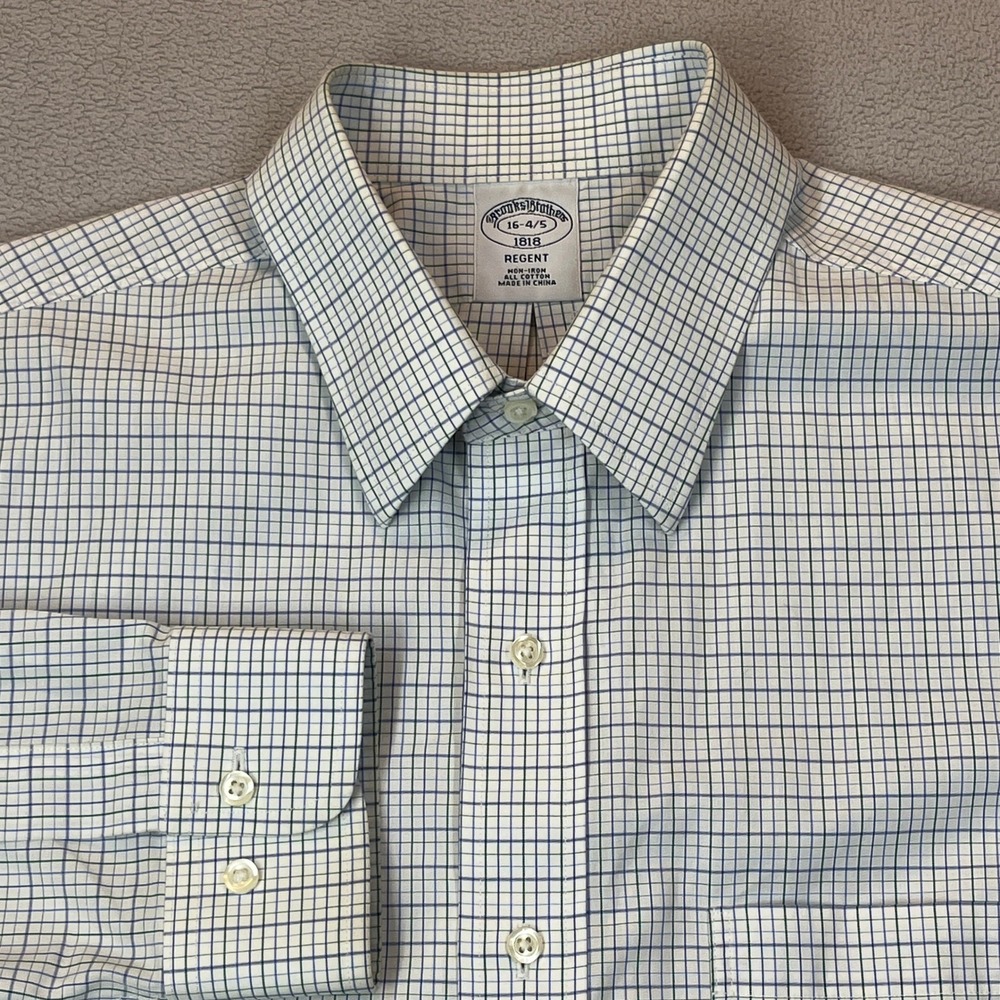 Brooks Brothers 1818 Regent Dress Shirt Mens 16 34/35 Blue Green Tattersall
